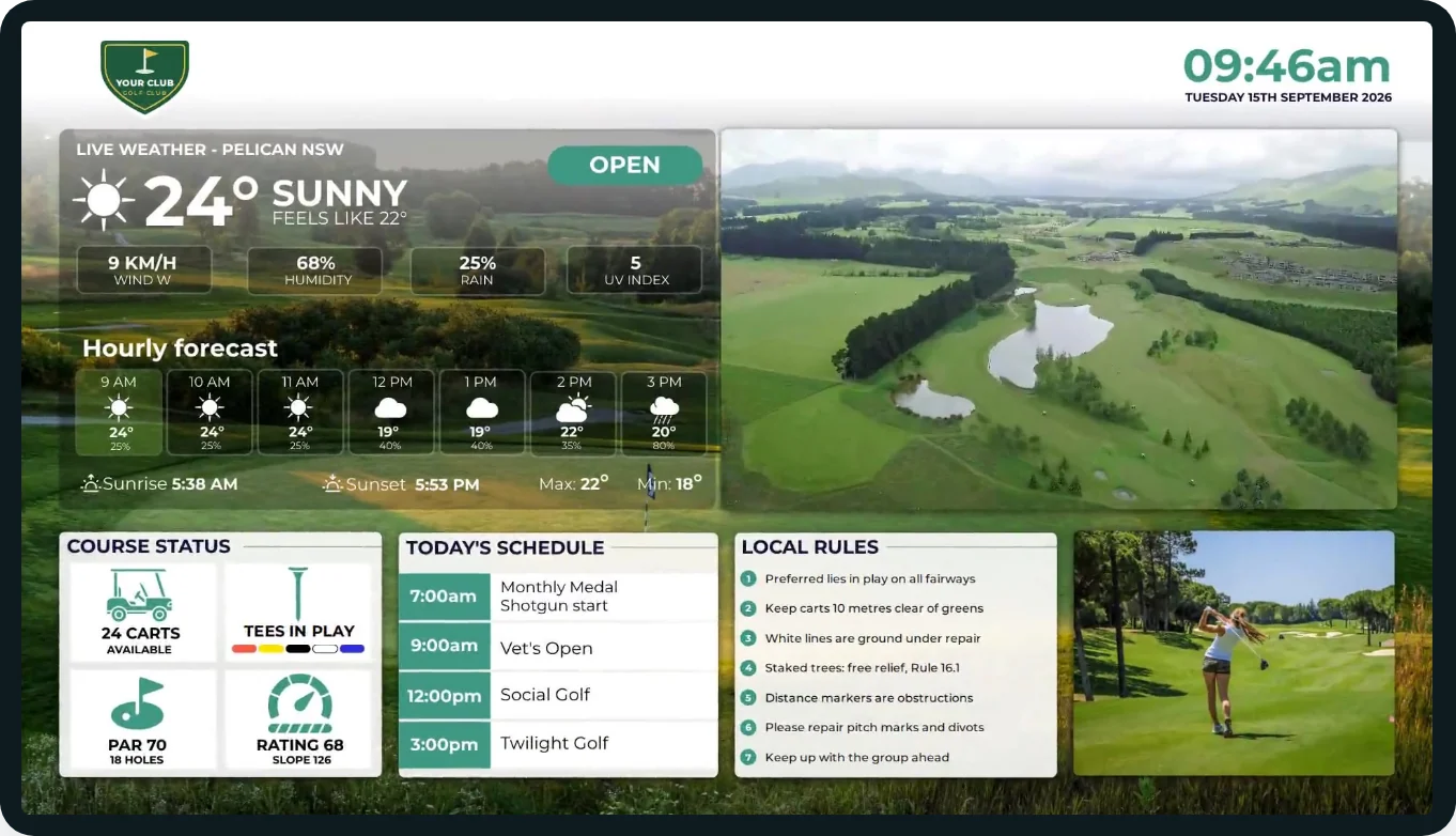 A preview of the Venocast Live Display with your club name across the top