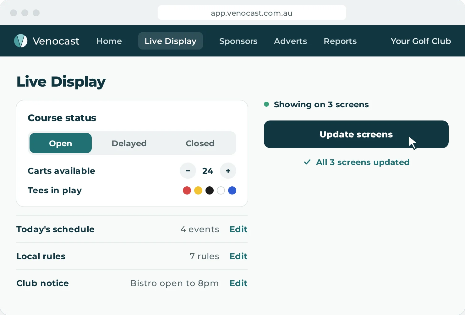 The Live Display page in Venocast: set the course status, carts and tees, edit the schedule and local rules, then update every screen