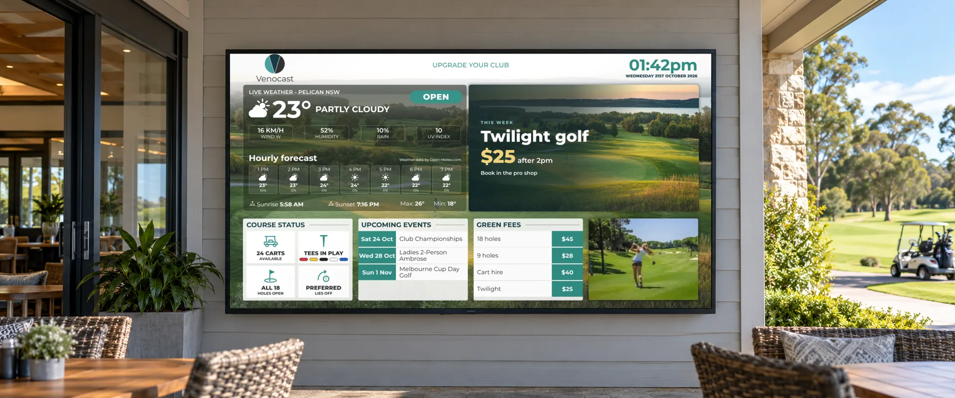 A Venocast screen on an outdoor terrace overlooking the course, showing the weather, upcoming events, green fees and a twilight golf promotion