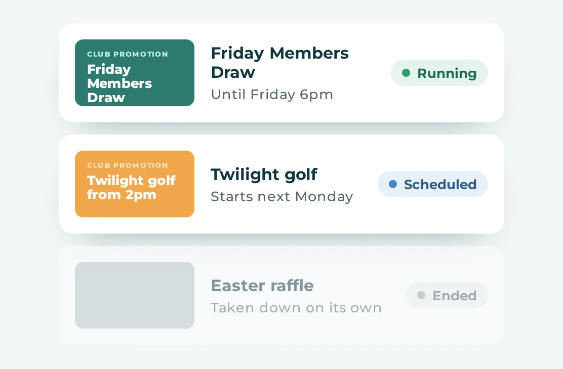 Scheduled club promotions: one running, one starting next Monday and one that came down on its own