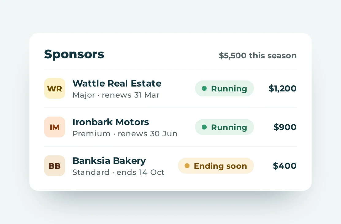 The Sponsors list in Venocast with each sponsor, package, renewal date and value