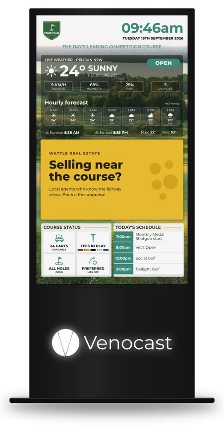 The Venocast Kiosk: a tall black freestanding screen showing a club’s Live Display, with your own logo backlit on the base