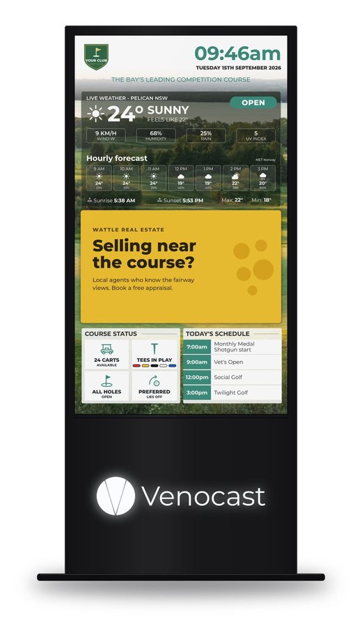 A tall black freestanding kiosk showing a club’s Live Display: weather, a sponsor advert, course status and the day’s schedule, with your own logo backlit on the base